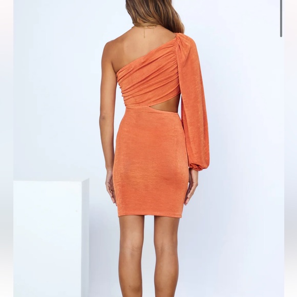 Hello Molly One Sleeve Orange Mini Dress - Picture 2 of 4